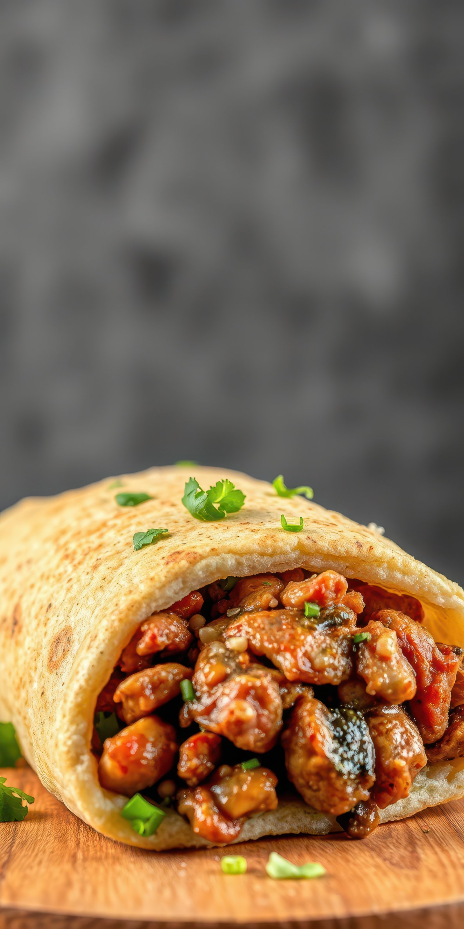 Delicious wrap filled with marinated chicken and fresh vegetables on wooden board